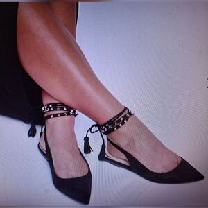 Shoe Dazzle Black Studded Flats. BEATRICE ANKLE WRAP FAUX SUEDE NEW WITHOUT TAGS